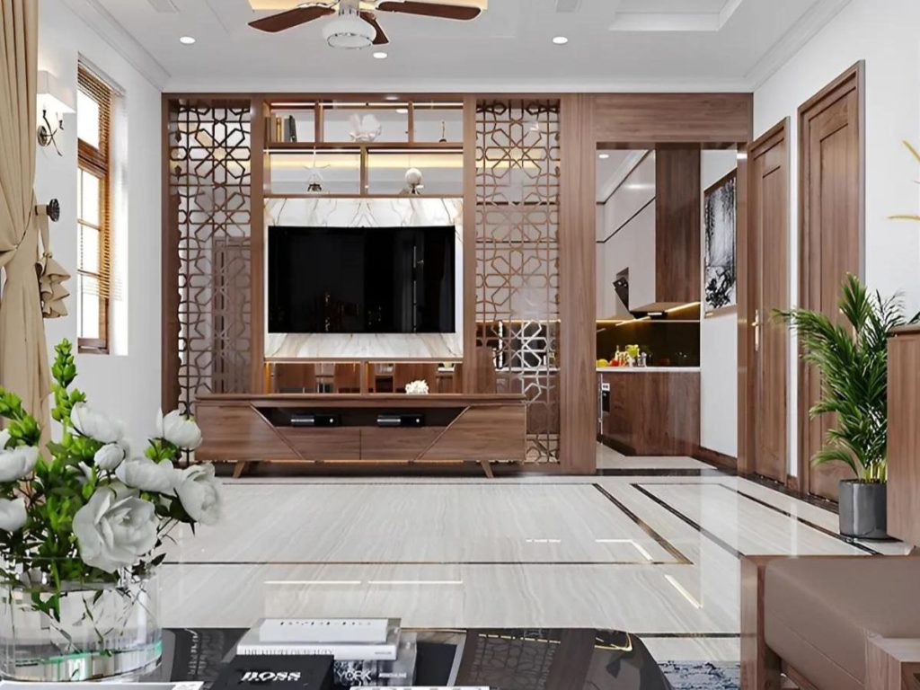 30+ Mẫu vách ngăn phòng khách kết hợp kệ tivi đẹp ấn tượng