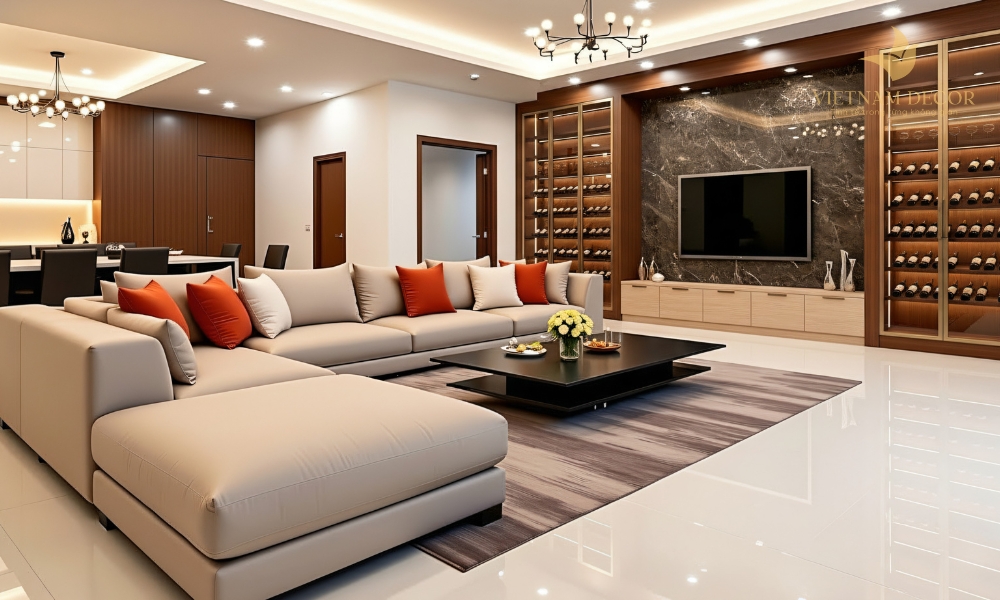 phòng khách kệ tivi kết hợp tủ rượu