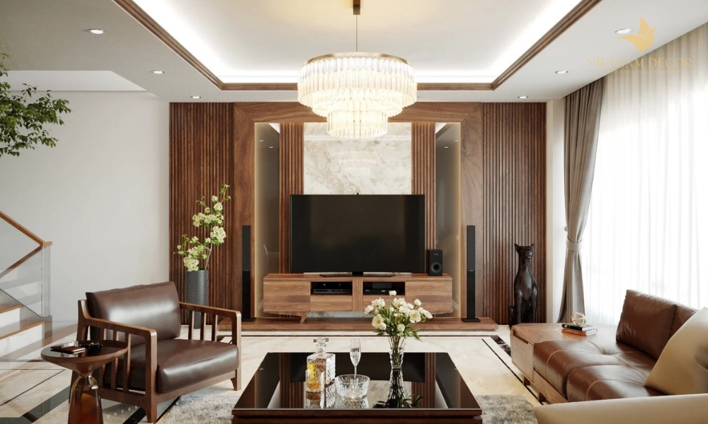 trang trí phòng khách bằng gỗ tự nhiên