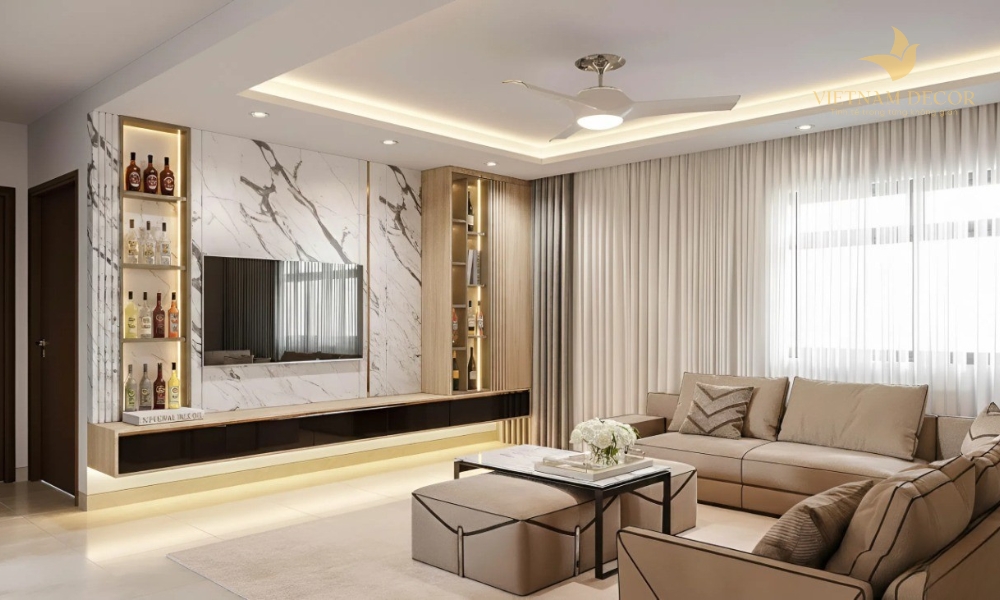 phòng khách kệ tivi kết hợp tủ rượu